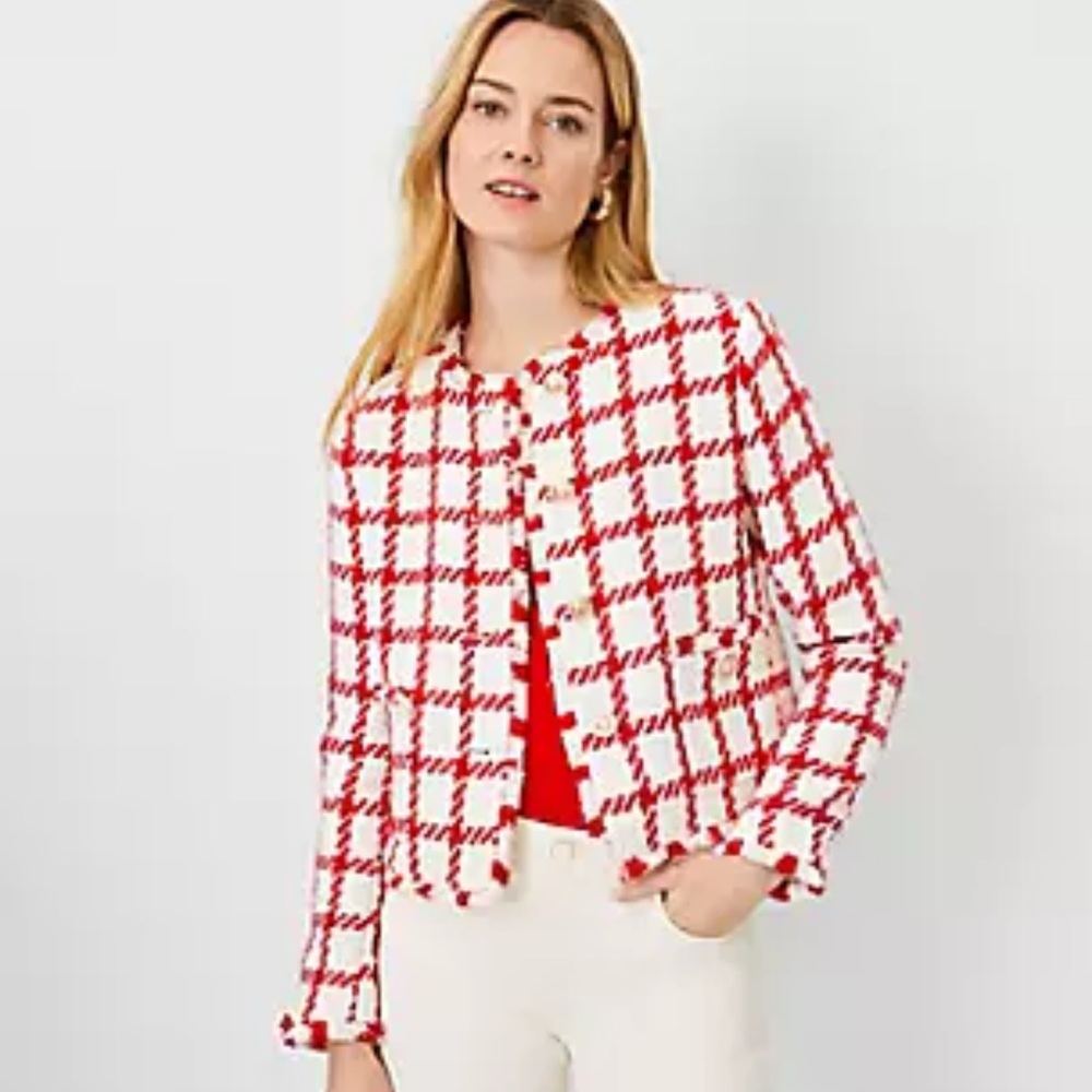 Ann Tylor tweeted fringe red.  gold button  jacket size 6p  heritage academia